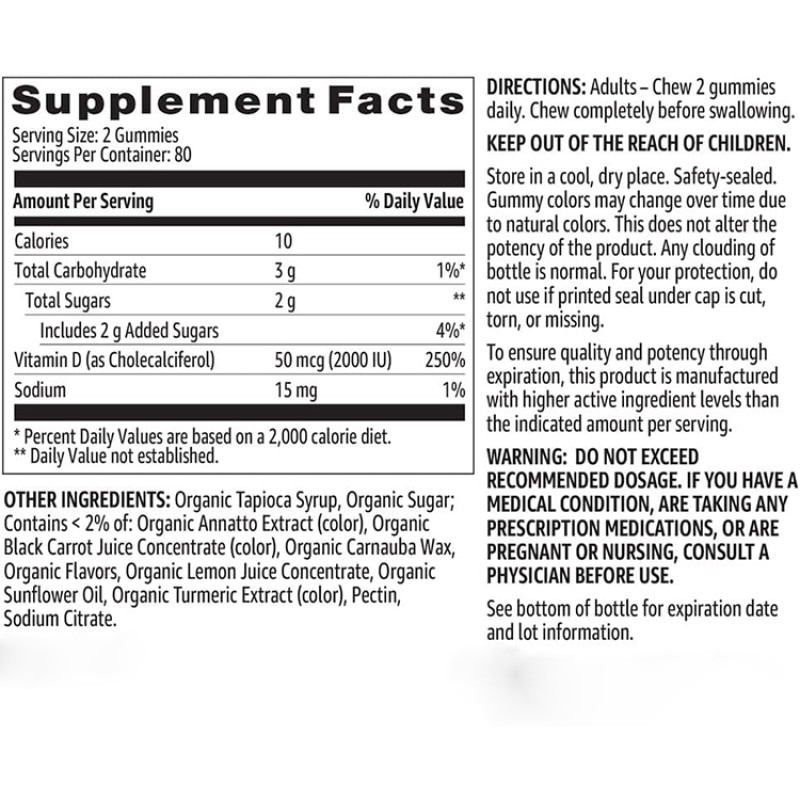 Orange Lemon Strawberry Vitamin D3 2000IU Gummies for Kids and Adults Clean Label Certified Dietary Supplement