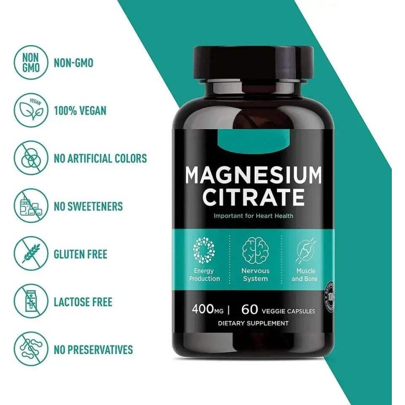Premium Magnesium Citrate 400mg Capsules - High Absorption Non-GMO Supplement for Sleep, Muscle & Digestion Support
