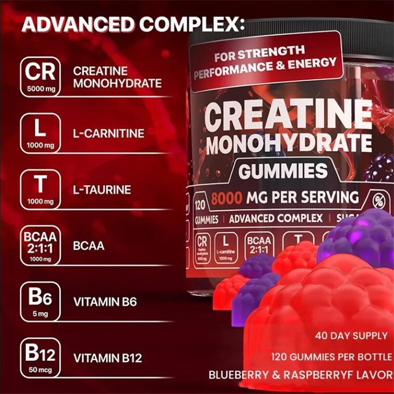 8000mg Creatine Monohydrate Gummies with L-Carnitine and Taurine for Muscle Growth Strength and Energy Mixed Berry Flavor