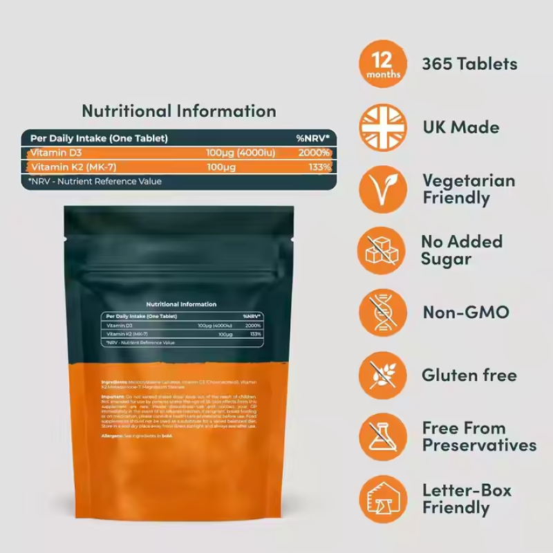 Vegan Vitamin D3 4000IU and K2 MK7 100μg Tablets High-Intensity Plant-Based Formula Easy to Swallow