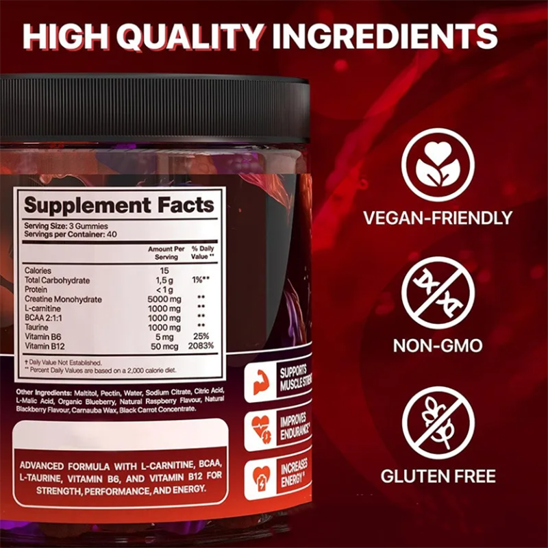 8000mg Creatine Monohydrate Gummies with L-Carnitine and Taurine for Muscle Growth Strength and Energy Mixed Berry Flavor