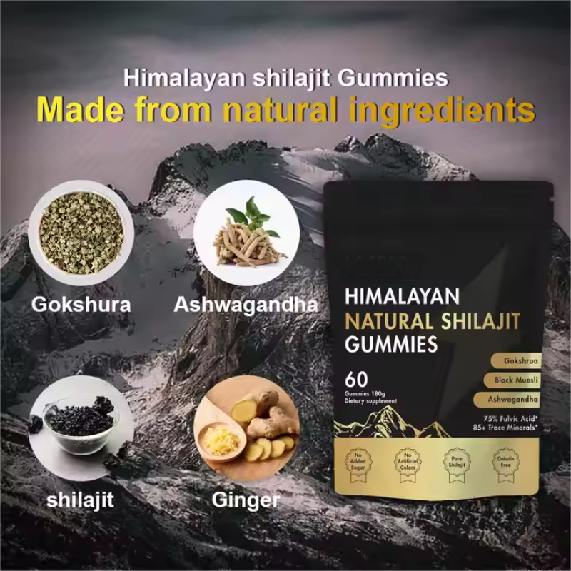 60 Count Pure Himalayan Shilajit Gummies for Men and Women 75% Fulvic Acid and Ashwagandha Herbal Supplements