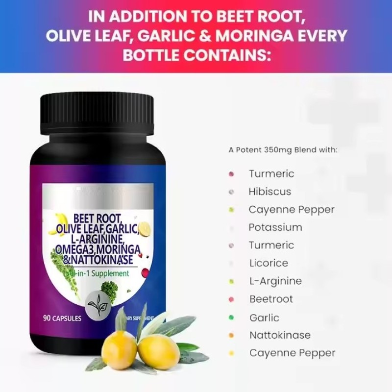 Beets Olive Leaf Garlic Moringa Nattokinase Red Rice Yeast Turmeric Herbal Extract Capsules Supplement Omega 3