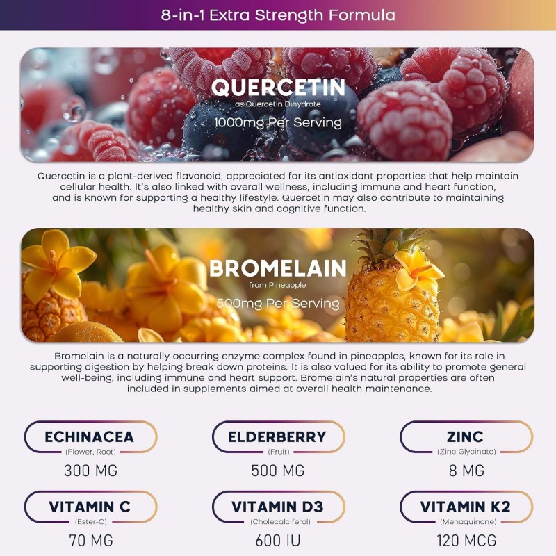 OEM 1000mg Quercetin Gummies with Bromelain, Zinc, Elderberry, Vitamin C, D3 & K2 for Cardiovascular Health