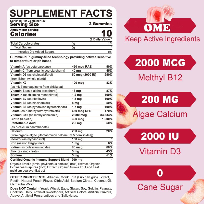Methylated Multivitamin Gummies for Women: Vitamins A, C, D, K, Iron, Folic Acid, Improve Immunity and Replenish Energy