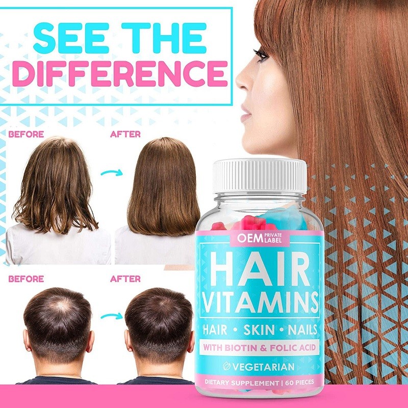 Hair Vitamin Gummy for Normal Hair and Nail Growth, Containing Vegetarian Vitamins C, B12, Biotin, Zinc