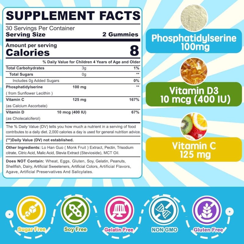 Phosphatidylserine Brain Gummies with Vitamin C & D3 for Kids and Teens - Boost Focus & Concentration