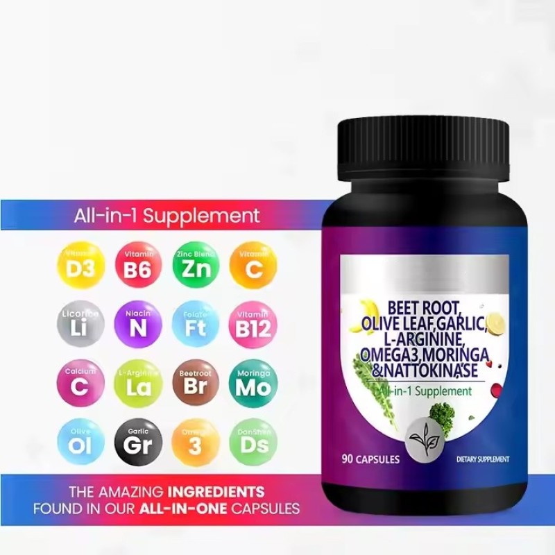 Beets Olive Leaf Garlic Moringa Nattokinase Red Rice Yeast Turmeric Herbal Extract Capsules Supplement Omega 3