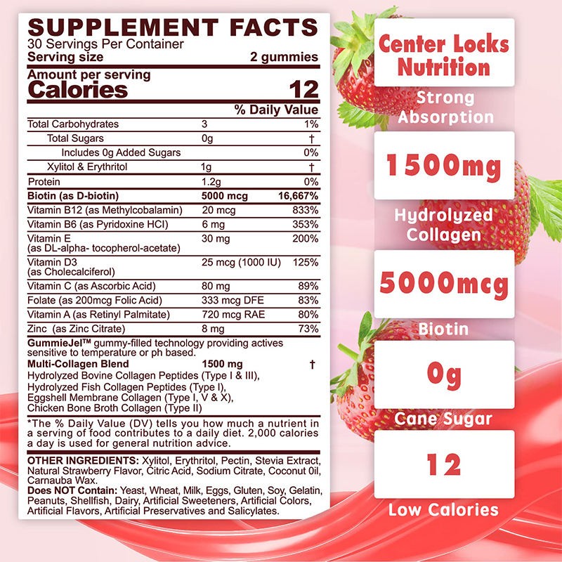 Strawberry Collagen Biotin Gummies for Skin Beauty and Nail Strength - Gluten-Free Supplement with Pectin Base