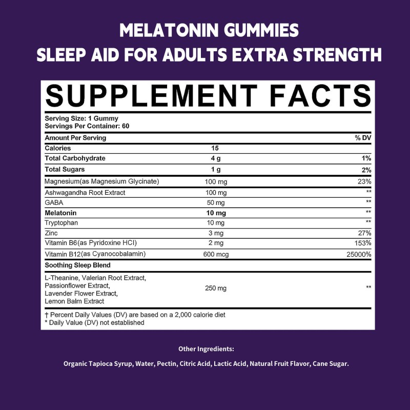 High Strength Melatonin Sleep Gummies for Adults with Ashwagandha GABA Vitamin B6 Magnesium 60 Count Natural Fruit Flavor