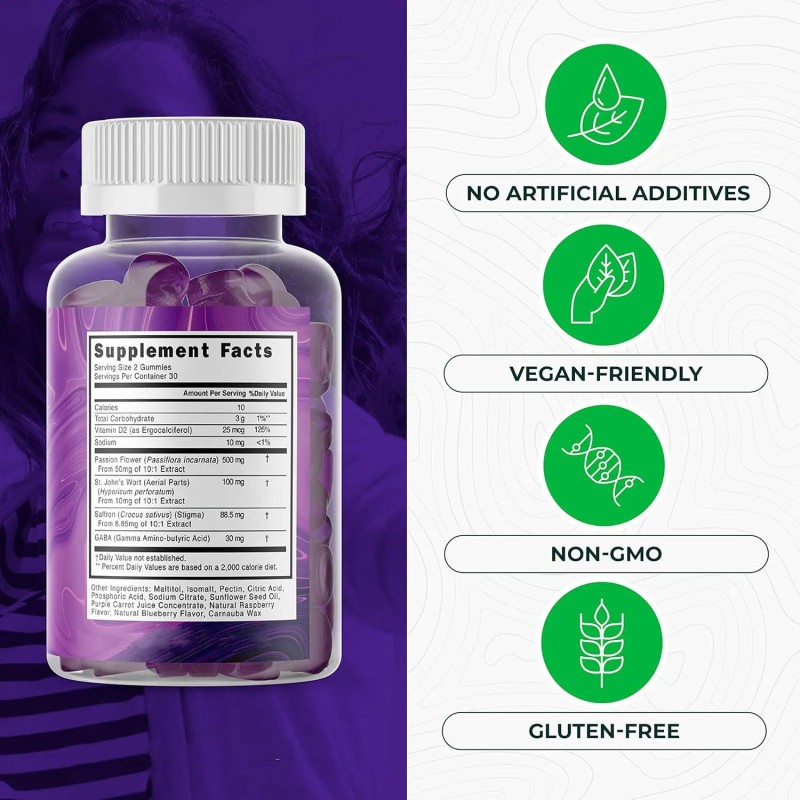 Custom OEM Private Label Formula Adult Focus Mood Enhancement Saffron Gummy Supplements GABA Saint John's Herbal Supplements