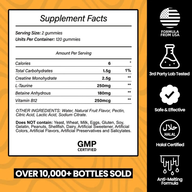 Premium Creatine Monohydrate Gummies with L-Taurine and B12 for Muscle Growth and Energy Boost 60 Gummies