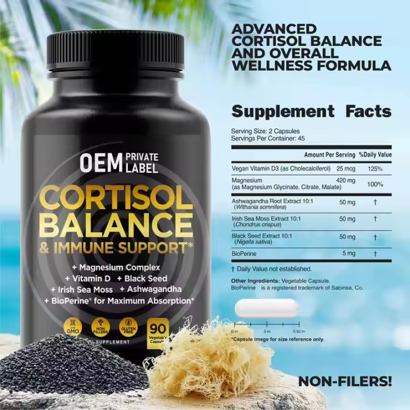 Cortisol Capsules with Ashwagandha Irish Sea Moss Black Seed Vitamin D Magnesium Complex Immunity Booster Stress Relief Pills