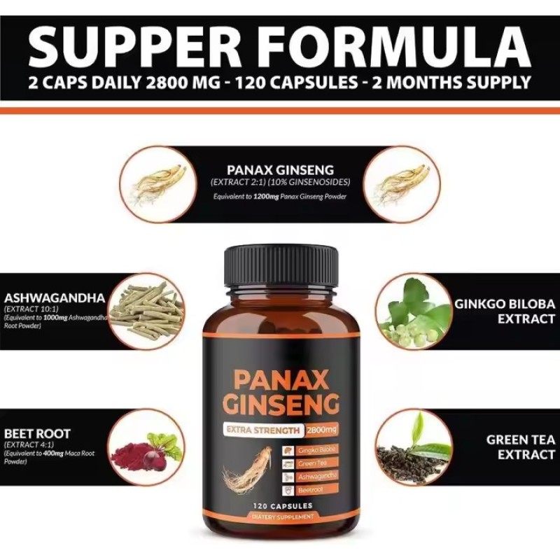 Red Ginseng Panax Ginseng Root Extract Capsules High Potency Herbal Supplement for Energy Boost Vitality Support
