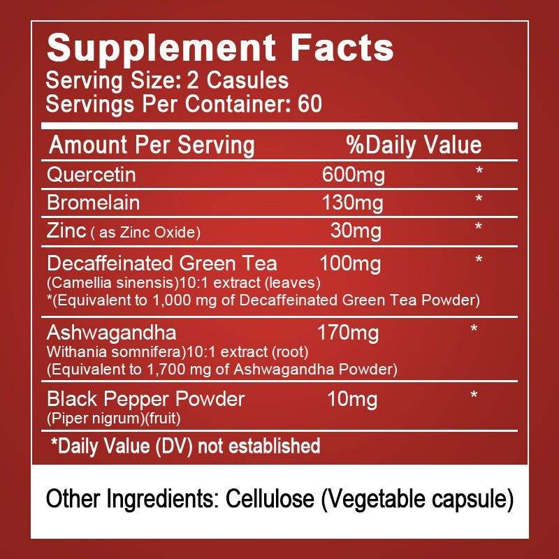 Quercetin Capsules Maximum Potency with Zinc 30mg & Bromelain - Vegan Immune Support, Heart Health & Skin Defense Boost