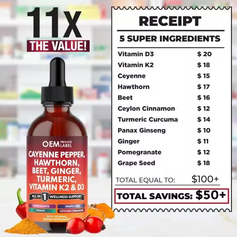 Cayenne Pepper Liquid Drops Supplement with Hawthorn Berry Vitamin D3 K2 Beet Root Ceylon Cinnamon Turmeric