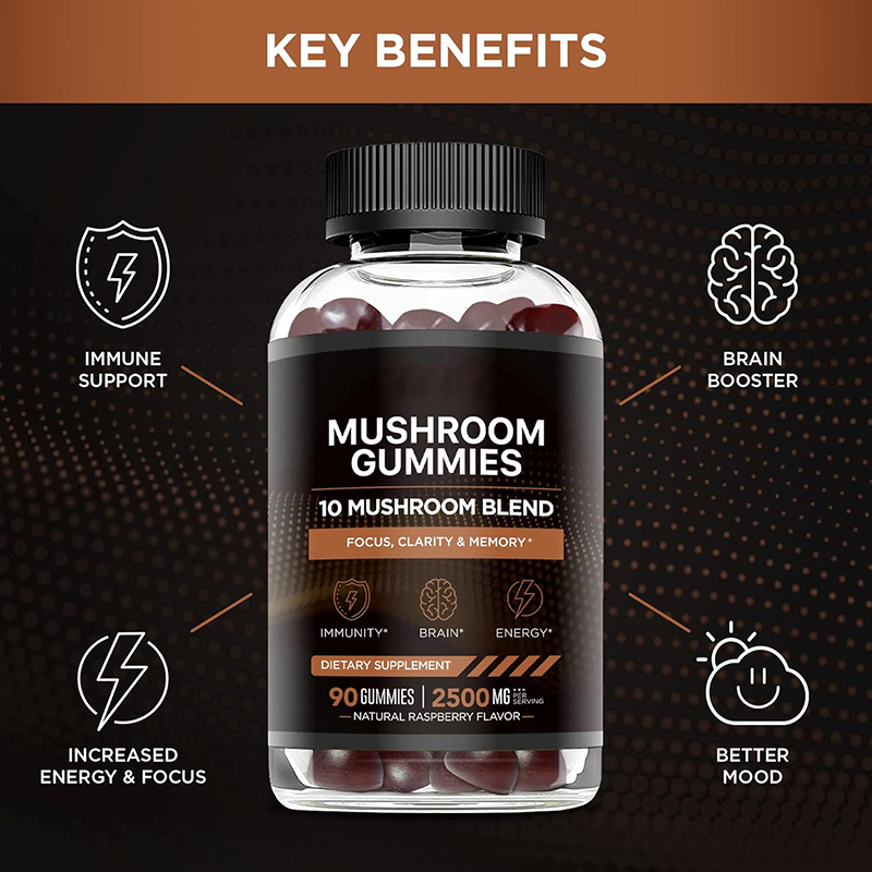 Mushroom Gummy Focus Memory Supplement Immune Support Brain Enhancement Vitamin for Men and Women