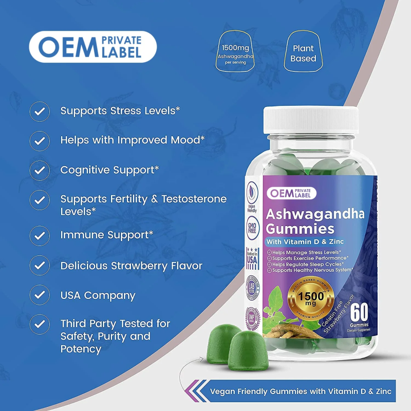 Private Label KSM-66 Ashwagandha Gummies with GABA for Sleep Support and Stress Relief Vegan Supplement