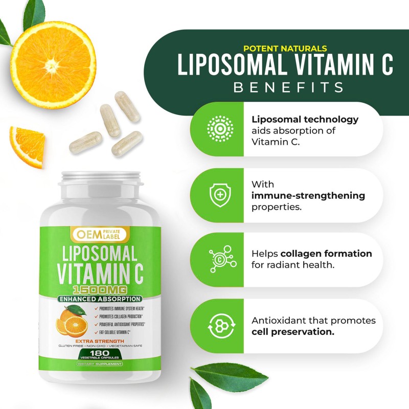 OEM High Potency 1500mg Liposomal Vitamin C Capsules  Vegan Collagen Booster