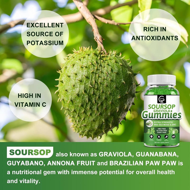 Organic 2000mg Soursop Graviola Gummies with Vitamin C & Zinc, Sugar-Free, Private Label