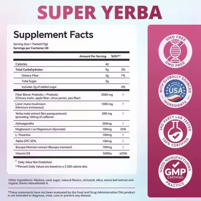 Yerba Raspberry Lemonade Powder Ashwagandha Mushroom Magnesium Vitamin D3 Yerba Extract Supplement Fiber Gut Support