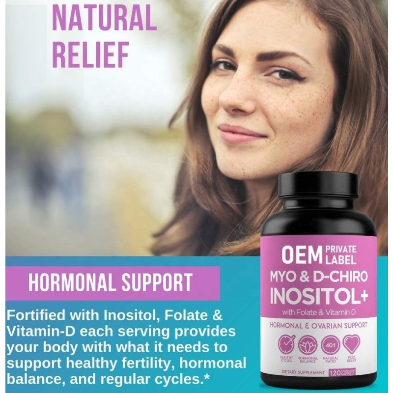 OEM Premium Myo-Inositol & D-Chiro Inositol Capsules for Women's Hormonal Balance with Folate Vitamin Supplement