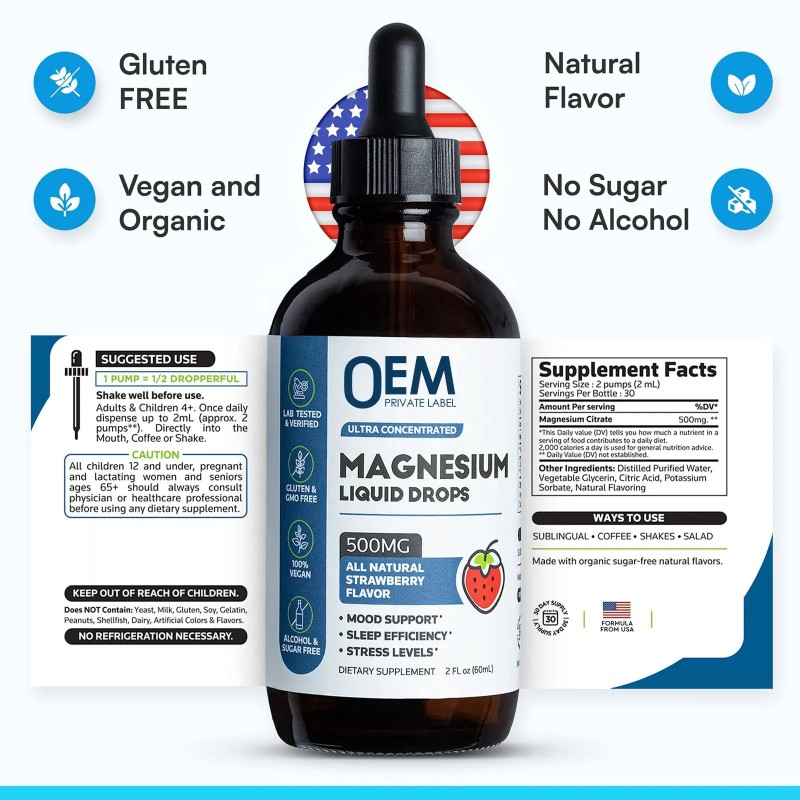 OEM Magnesium Citrate Liquid Drops for Slimming, Stress Relief, Deep Sleep, and Mood Enhancement