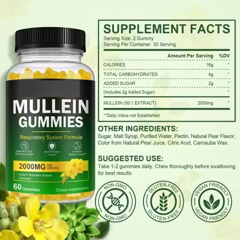 OEM Private Label Natural Mullein Extract Gummies Lung Detox Promote Digestion Supplements Health Mullein Gummies