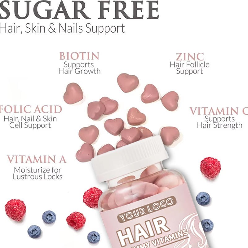 Herbal Hair Growth Gummy with Biotin Folic Acid Zinc Vitamin B12 Strawberry Flavor for Reduce Hair Loss Strengthen Elasticity