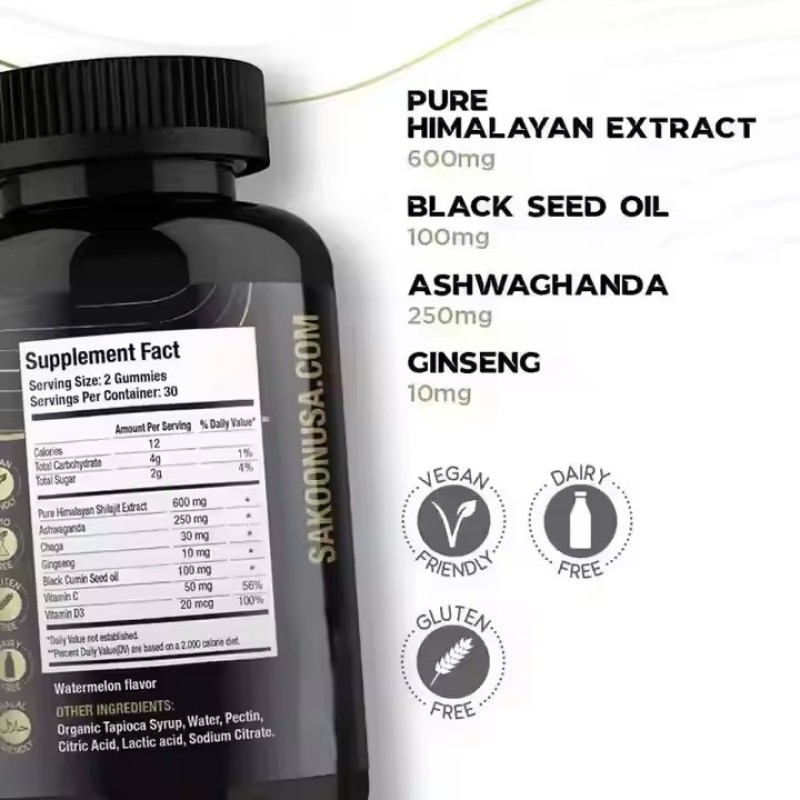 Private Labels Sugar Free Black Seed Oil 3 in 1 Pure Himalayan Shilajit Resin Extract Gummies with Ashwagandha