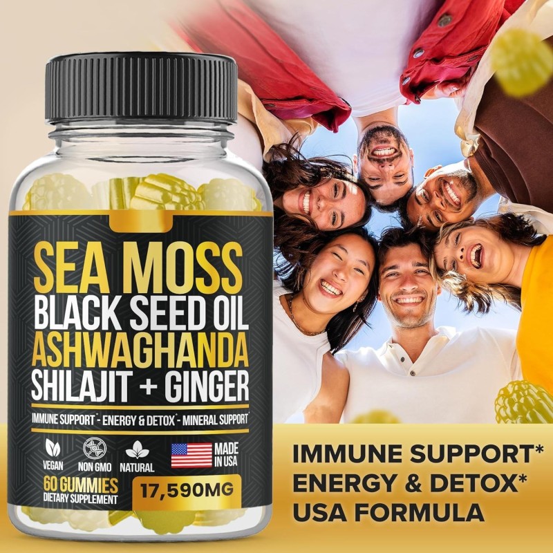 Biocaro Vegan Sea Moss Gummies with Black Seed Oil, Ashwagandha & Shilajit - Fulvic Acid Energy Boost