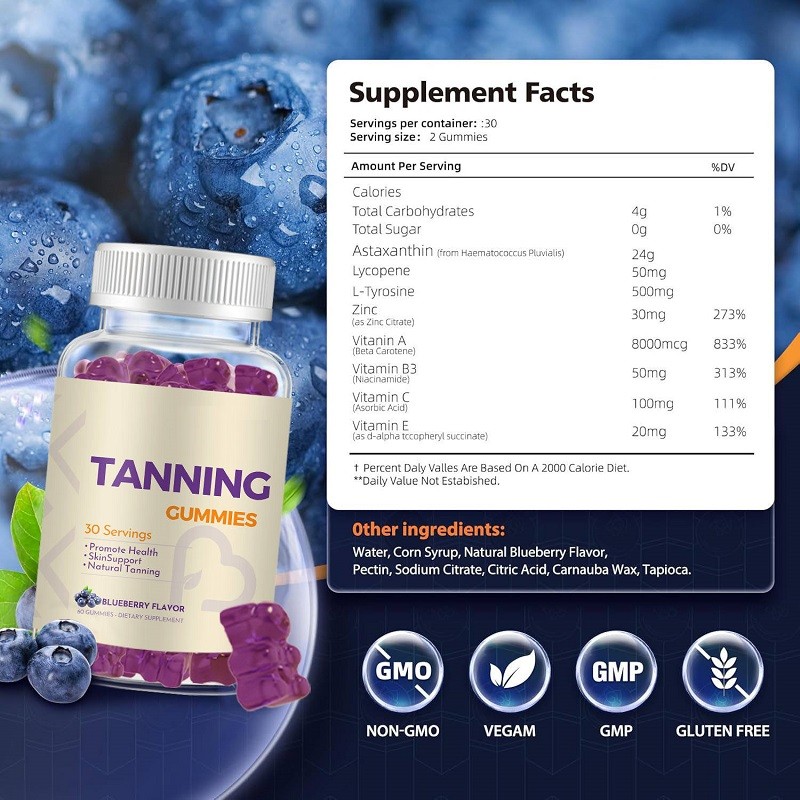 Natural Blueberry Flavor Carotene Lycopene and Astaxanthin Skin Self-Tanning Gummy Candy Skin Care Supplements