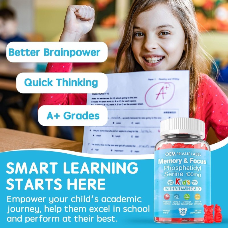 Phosphatidylserine Brain Gummies with Vitamin C & D3 for Kids and Teens - Boost Focus & Concentration