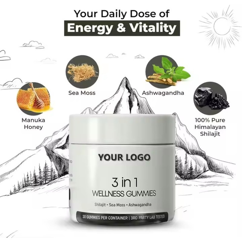 Herbal Extract Male Balance Gummy Health 3 in 1 Shilajit Gummy with Seaweed and Ashwagandha Natural Energy Vitality Support