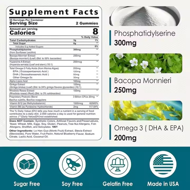 OEM Private Label Brain Memory Focus Booster Health Herbal Supplement  Phosphatidylserine Gummy with Vitamin B6 & B12