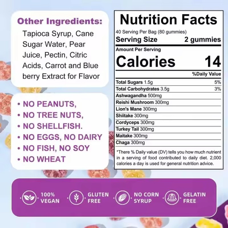 Herbal Supplements Mushroom Gummies Organic Mushroom Blend Powder 8-IN-1 Lion's Mane Mushroom Gummies