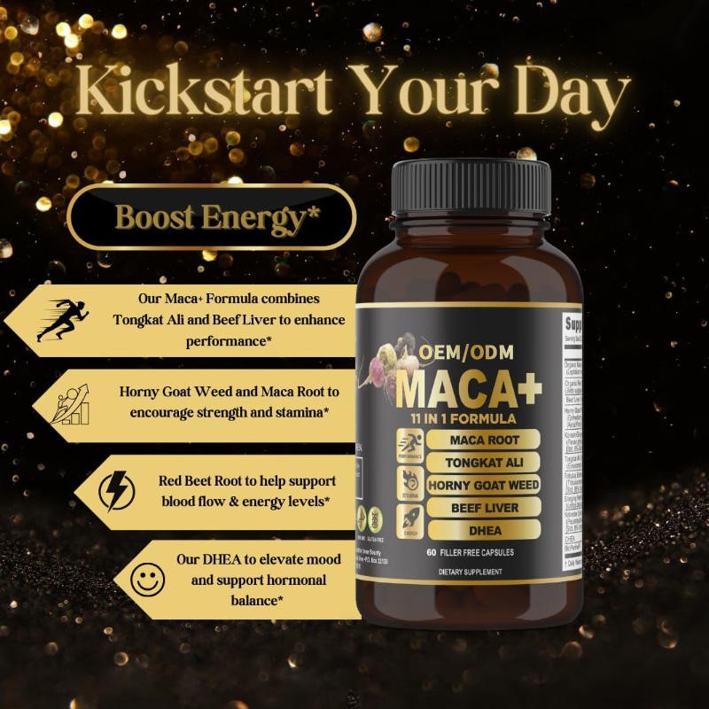 Organic Maca Plus Capsules 11-in-1 Formula with Bioperine, 60 Gluten-Free Capsules for Energy & Endurance Support