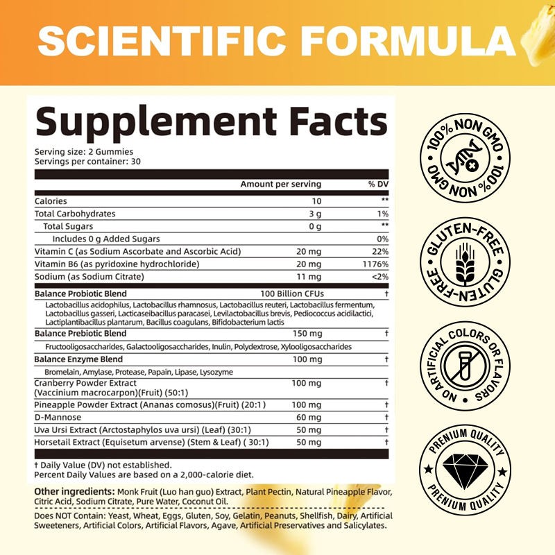 OEM/ODM Premium Pineapple Female Probiotic Gummies - Vaginal Health, PH & Hormone Balance, Vegan 60 Count