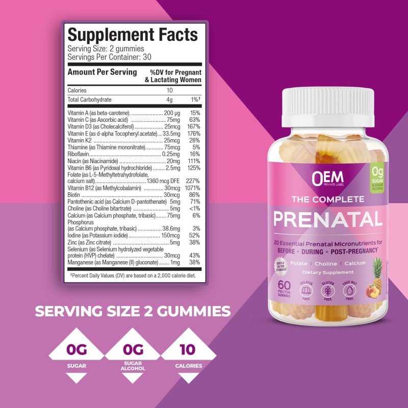Private Customization Sugar Free Pineapple Peach Flavored Complete Prenatal Gummies with Calcium,Vitamin K2, Vitamin B12 Gummy