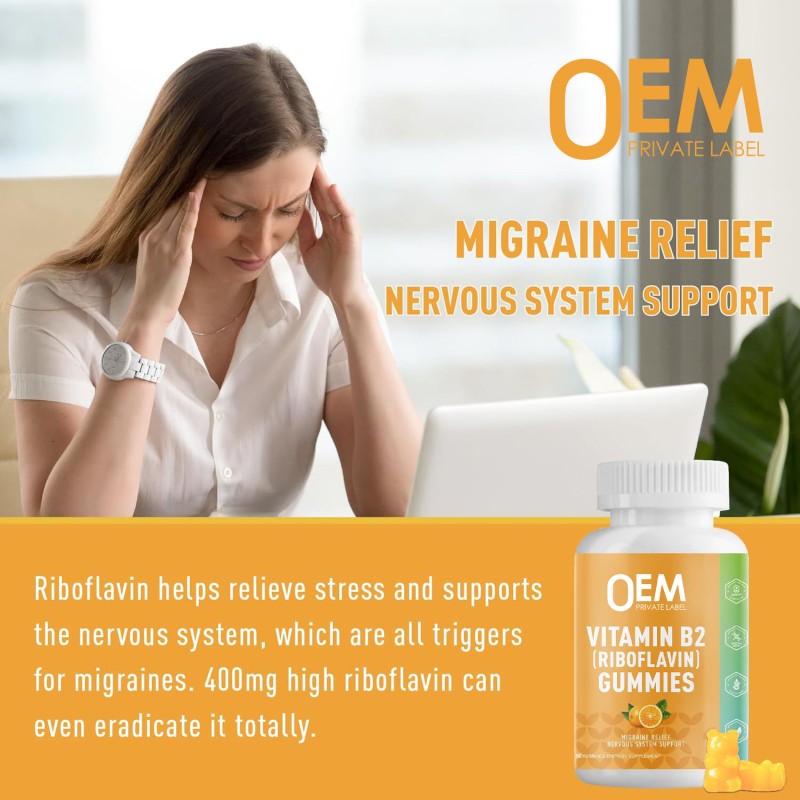 OEM 400mg Vitamin B2 Gummies for Migraine Relief, Energy, and Nervous System Support