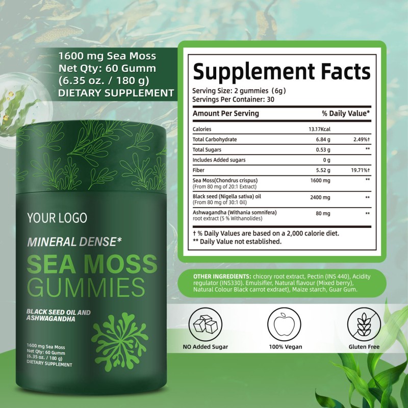 Wholesale Organic Sea Moss and Black Seed Oil Gummies - Energy Boosting, Rich in Minerals, Private Label Available