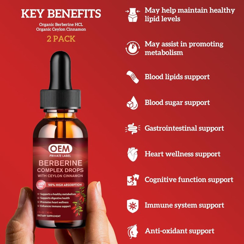 OEM Premium Berberine HCL Liquid Drops 1200mg with Organic Ceylon Cinnamon - Immune & Heart Support