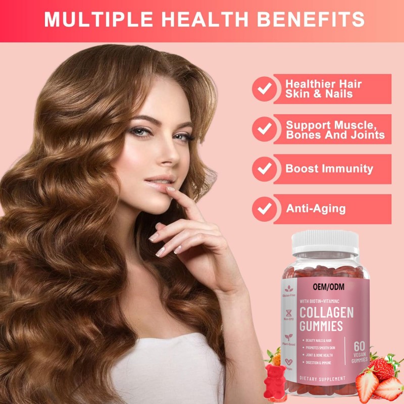 OEM Vegan Collagen & Biotin Gummies for Hair Growth - Beauty Skin Nails Supplement, Sugar-Free Chewable