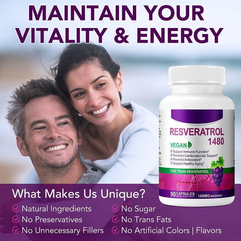 Pure Natural Organic Resveratrol Capsules Adult Dietary Supplement Antioxidant and Anti-Aging Cell Energy Provider