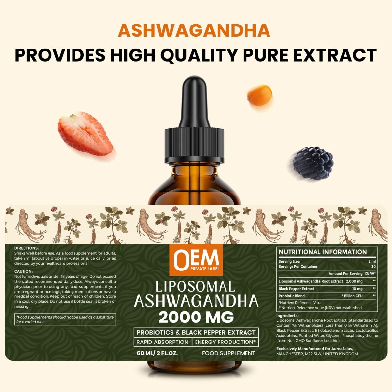 Pure Natural Ashwagandha Extract Drops 2000mg with Black Pepper for Stress Relief and Energy Boost