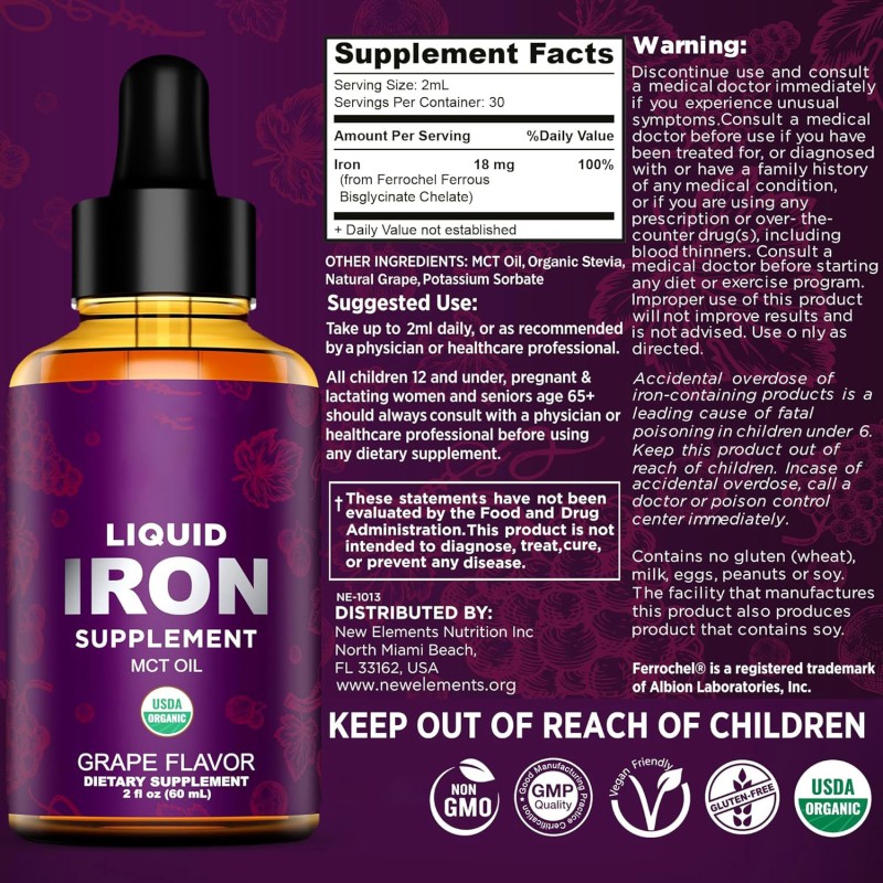 Organic Iron Liquid Drops -Ferrochel & MCT Oil, Energy Boost for Daily Vitality