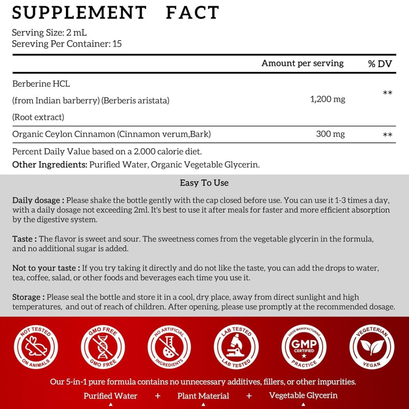 OEM Premium Berberine HCL Liquid Drops 1200mg with Organic Ceylon Cinnamon - Immune & Heart Support