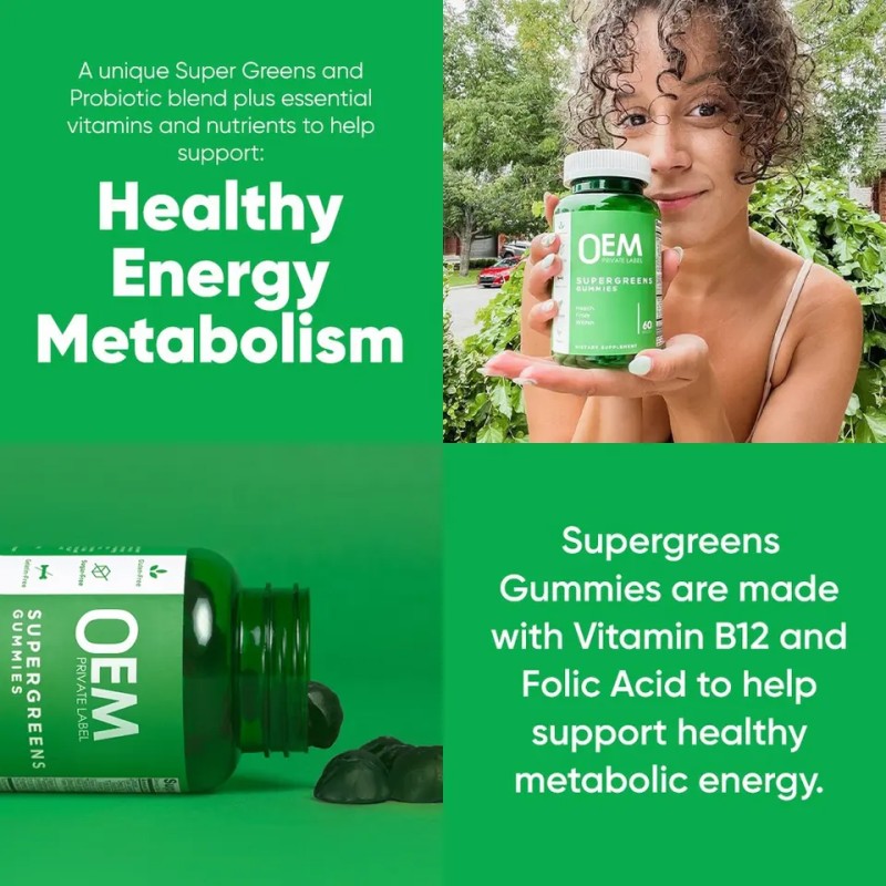 Plant-Based Super Greens Gummies with Fiber & Vitamins - Digestive Health & Immune Support Chewables for Adults, OEM Supplier