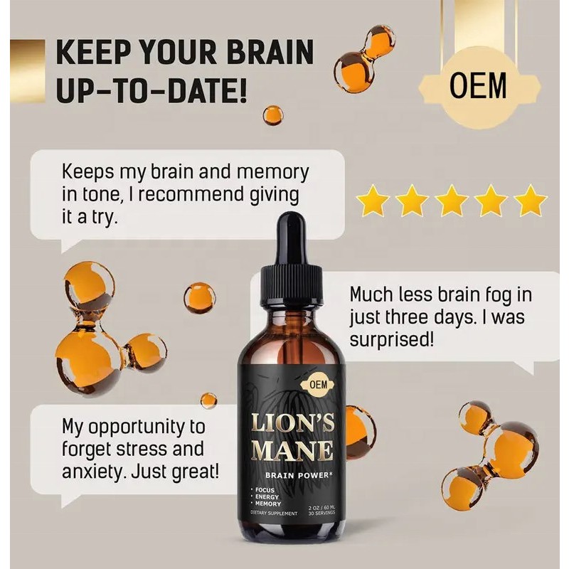 Vegan Lion's Mane Mushroom Extract Drops for Brain Support - OEM Supplement Liquid Vitamins