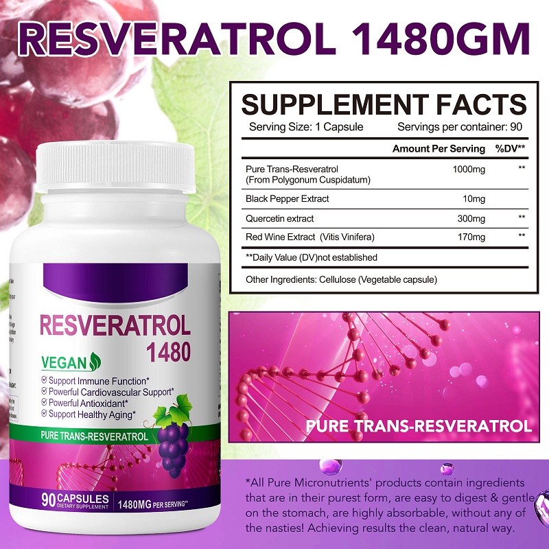 Pure Natural Organic Resveratrol Capsules Adult Dietary Supplement Antioxidant and Anti-Aging Cell Energy Provider
